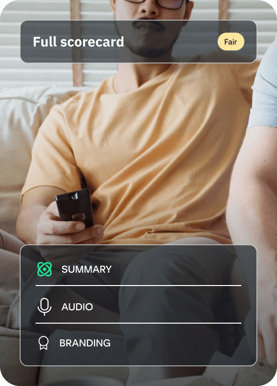 Full scorecard — summary, audio, and branding scores